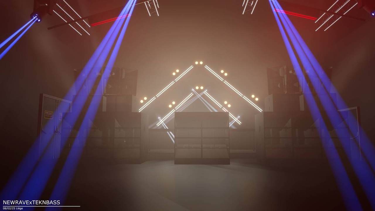 Rendu : chevrons lumineux au-dessus de la cabine, murs de son de part et d'autre