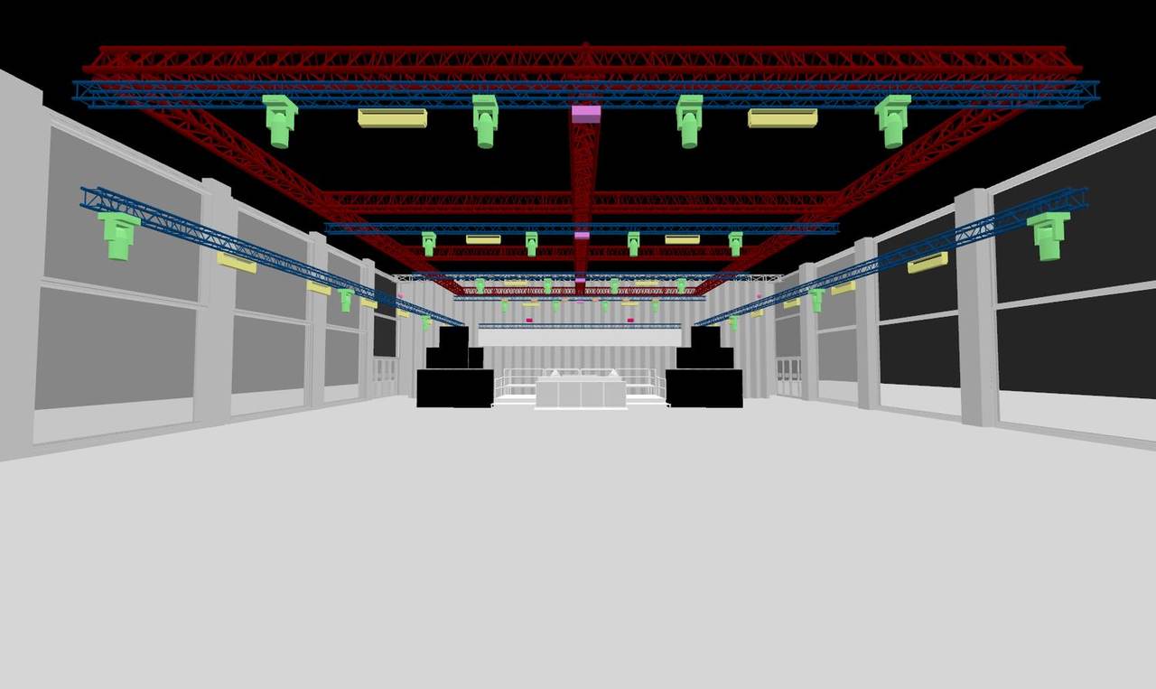 Modèle 3D de la salle : structures et lyres au-dessus de la piste